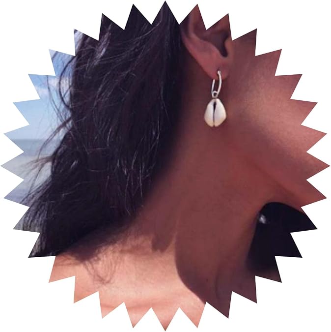Andelaisi Boho Sea Shell Earrings - Silver Zinc Cowrie Seashell Dangle Hoop Earrings - Vintage Natural Beach Earrings for Women
