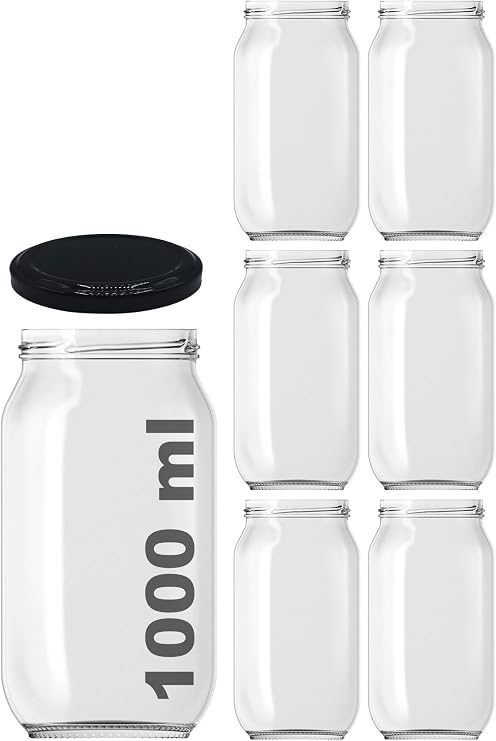 Afracam 1000 ml Şeffaf Cam Kavanoz 1000 cc Konserve Metal Kapaklı Cam Kavanoz 6 Adet (Şeffaf, 1000 cc)