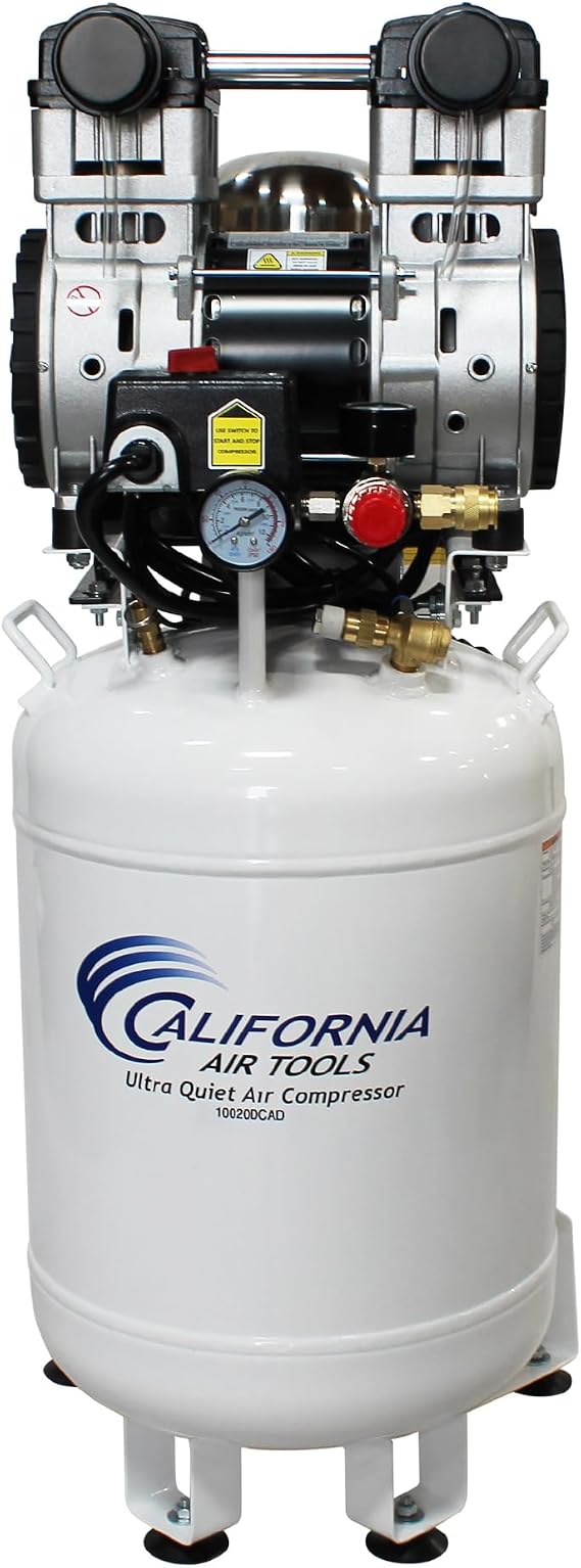 California Air Tools 10020DCAD Powerful 2.0 HP Ultra Quiet, Oil-Free Air Compressor, 10 Gallon Tank Capacity, 70 dB Noise Level, Electric, with 80% Air Dryer, Aftercooler and Auto Drain Valve, White