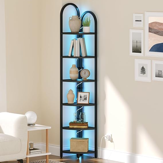 MAHANCRIS 6 Tier Corner Shelf with LED Light, 74.6'' Tall Corner Bookshelf Stand, Narrow Display Bookcase with Storage Rack for Wall Corner, Living Room, Bedroom, Home Office, Black CSBK66101