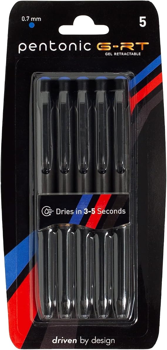 Pentonic G-RT Retractable Gel Pens, 5 Count, Blue Ink, 0.7 mm Fine Point Tip, Ergonomic Grip, Smooth Writing For Journaling, Pens for School & the Office (1016847)