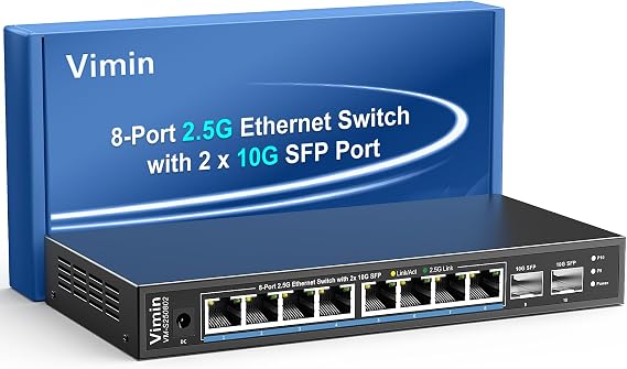 10 Port 2.5G Switch Unmanaged, VIMIN 8X 2.5G Switch base-T Ports+2X10G SFP+ Port, 80Gbps Switching Capacity, 2.5G 8 Port Ethernet Switch, Metal Housing, Fanless, Work for 2.5Gbps NAS, Wireless AP & PC