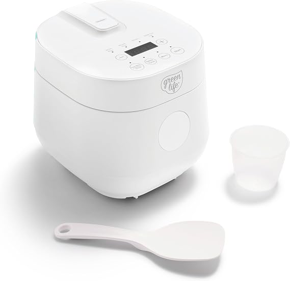 GreenLife Digital Rice Cooker, 2-Cups Uncooked/4-Cups Cooked, White | PFAS-Free Ceramic Nonstick Coated 1.5QT Pot, One-Touch Presets, Oats, Quinoa, Brown Rice, Auto Warming, Fuzzy Logic Tech