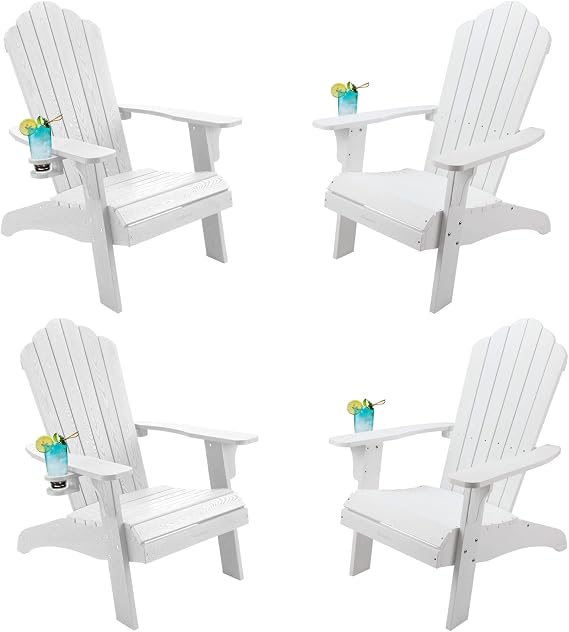hOmeHua Oversized Adirondack Chairs Set of 4, HIPS Adirondack Chairs Weather Resistant with Cup Holder, Plastic Outdoor Chair for Patio, Backyard Deck, Fire Pit Lawn Porch (White)