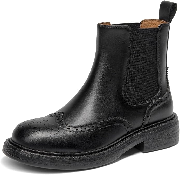 BEAU TODAY Women's Leather Chelsea Boots, Slip-On Chunky Ankle Booties
