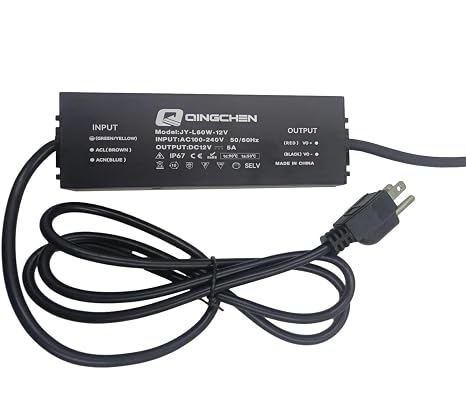 LED Power Supply Waterproof IP67 60W 12V DC 5.0A,AC to DC Transformer Adapter with Plug,100V-264V Input 12 Volt Constant Voltage Output Transformer Driver
