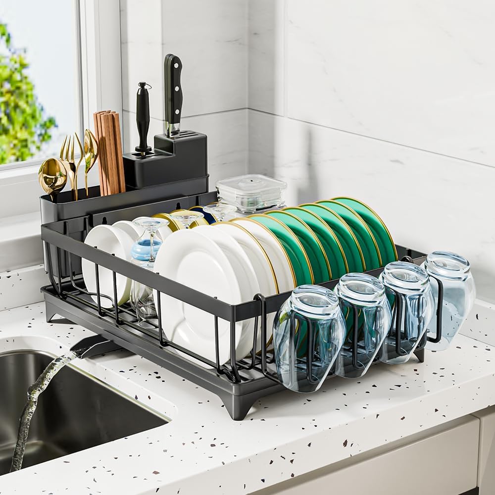 Multibao Dish Drainer Rack - Space Saving Dish Rack for Kitchen Counter, Kitchen Dish Drainer with Utensil Holder, Drain Board Cutlery Cup Holder Large Black