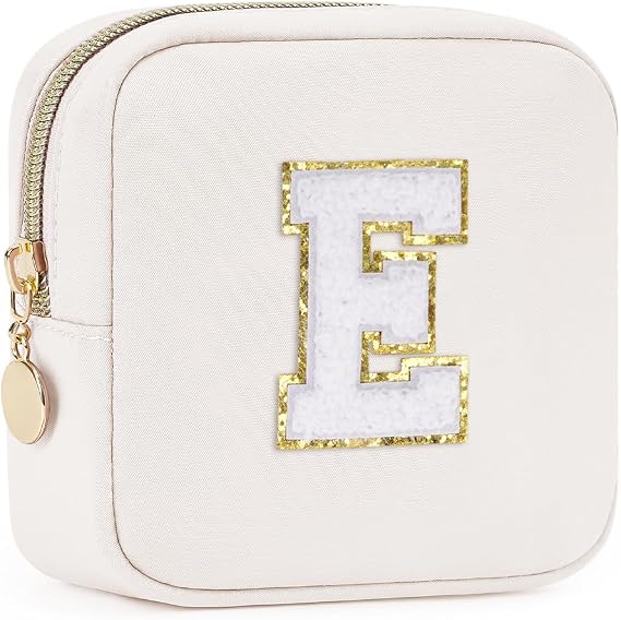 Wandering Nature Personalized Mini Initial Makeup Bag with Glitter Chenille Letter Patch, Small Preppy Makeup Bag with Slip-In Pockets, Ideal Gift for Valentine's Day Mother's Day (Patent Pending)