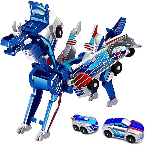 Collision Transforming Dinosaur Car Toy 2 Cars Crash & Transform into Dinosaur Robot Toys for Kids Fun Gift for Boys & Girls, Birthday & Christmas,Easter Basket Stuffers (Blue Dragon)