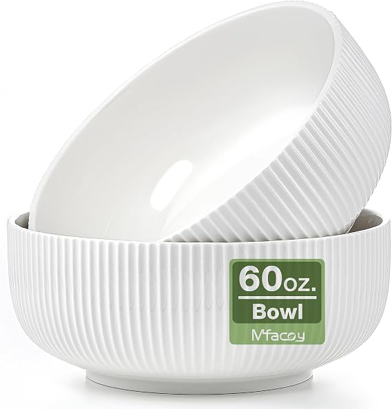 Mfacoy 2 Pack Salad Bowl, 8 inch 60 oz Large Serving Bowl Set, Deep Bowl for Kitchen, White Ceramic Bowl Set for Soup, Cereal, Ramen, Pasta, Salad, Dishwasher & Microwave Safe, Easy Clean