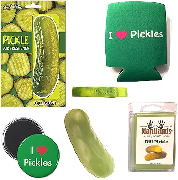 Relish The Dill Pickle Sampler Gift Pack (6pc Set) - Air Freshener, Soap, Wristband, Can Cooler Insulator, Magnet & Stress Pickle