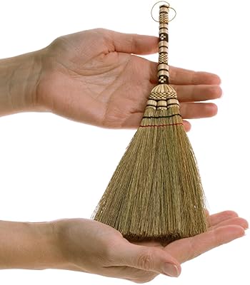 Tiny Size 11 inch Short of Asian Whisk Broom Thai Natural Straw Broom with Embroidery Nylon Thread Handle with Nylon Hanger