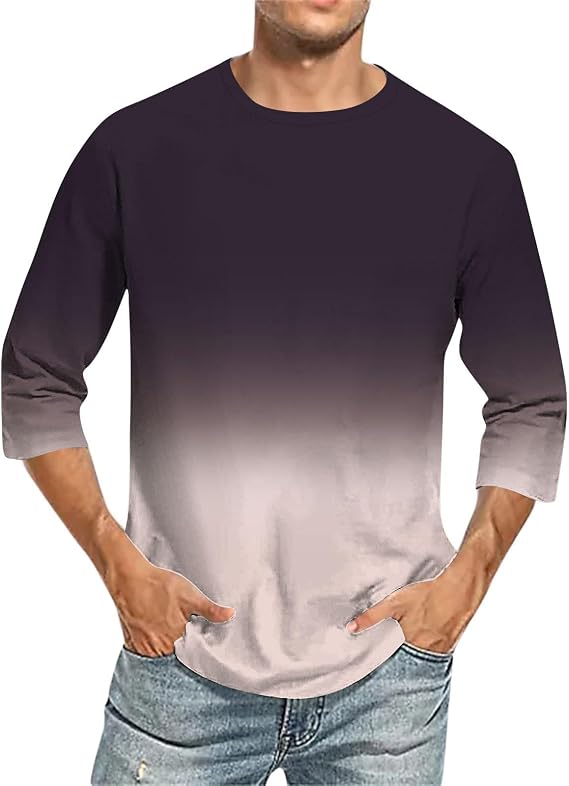 Shirts for Men Fashion Gradient Color 3/4 Sleeve Crewenck Shirt Regular-Fit Semi formal Work Top Loose Pullover