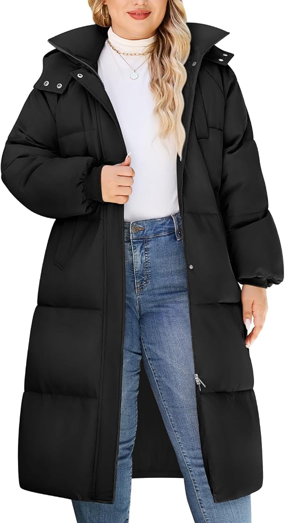 HEEKPEK Womens Plus Size Winter Coats Long Puffer Jackets Hooded Quilted Water Repellent Warm Trendy Parka Outerwear 2025 (Black,X-Large)