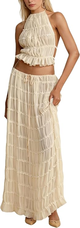 Womens Y2k Maxi Skirt Set Backless Lace Halter Crop Top and Long Skirt Sets Beach Cocktail Club Dress 2 PCS Outfit