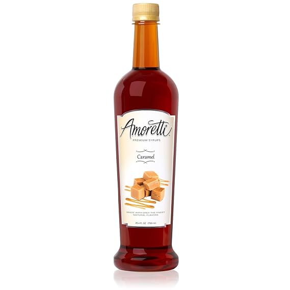 Amoretti - Caramel Gourmet Syrup 750 ml, Flavor Coffees, Teas, Cocktails, other Beverages, and Drizzle on Desserts, Gluten Free, GMO/GEO Free, Preservative Free, 94 Servings Per Bottle