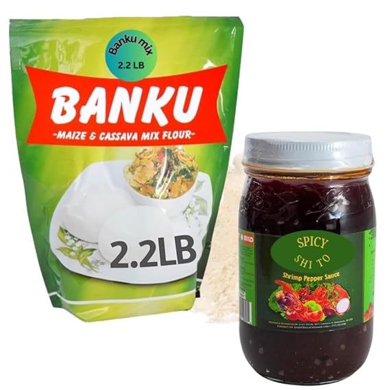 Banku Mix Ghana + Shito Shrimp Sauce Mild 1Kg Pounded Maize & Cassava Flour + 16oz Premium Ghanaian Pepper Sauce Gluten-Free Fufu Alternative