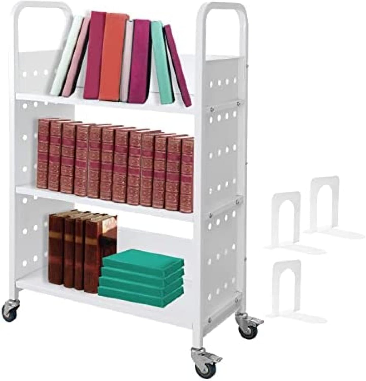 200 LBS Library Book Cart, Single Sided L-ShapedV-Shaped Rolling Book Cart with 4 Lockable Wheels for Home Shelves Office School Book Truck