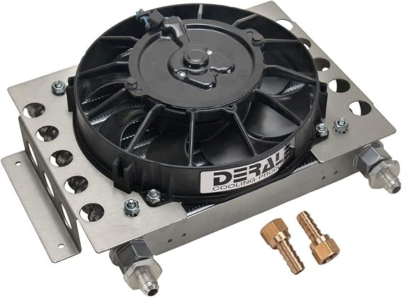 Derale Performance Fluid Cooler and Fan, 12.75 x 9.375 x 4.313 in, Plate and Fin Type, 5/8-18 in Female O-Ring Inlet/Outlet, 6 AN Male Adapters, Fittings, Aluminum, Black Powder Coat, Universal