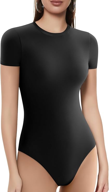 YOGINGO Womens Crew Neck Short Sleeve Bodysuits For Women Double Lined Sexy Going Out Thong Body Suit
