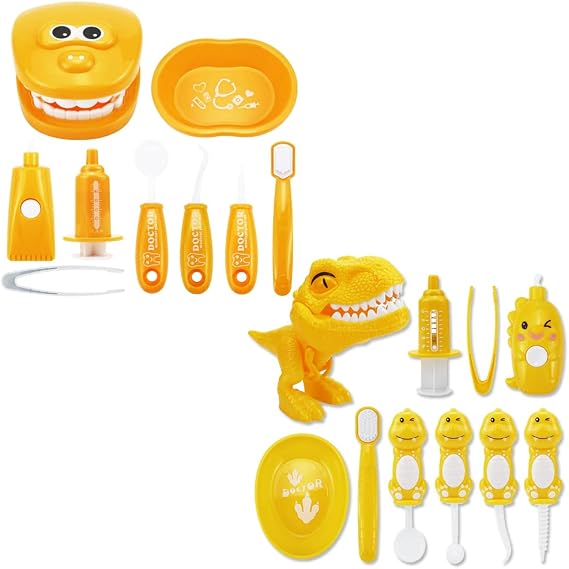Bundle 19PCS = 9PCS Plastic Simulation Dentist Play Set (Orange) + 10PCS Plastic Dinosaur Simulation Dentist Play Set (Yellow)