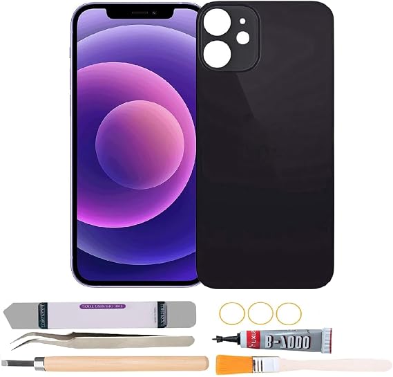 Back Rear Glass Cover Replacement Compatible with iPhone 12 Mini 5.4 inches with Repair Tool Kits (Black)