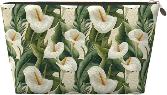 Bright Calla White Print Makeup Bag, Travel Toiletry Bag Cosmetic Bags Make Up Bags for Women, Stylish Leather Makeup Pouch Organizer