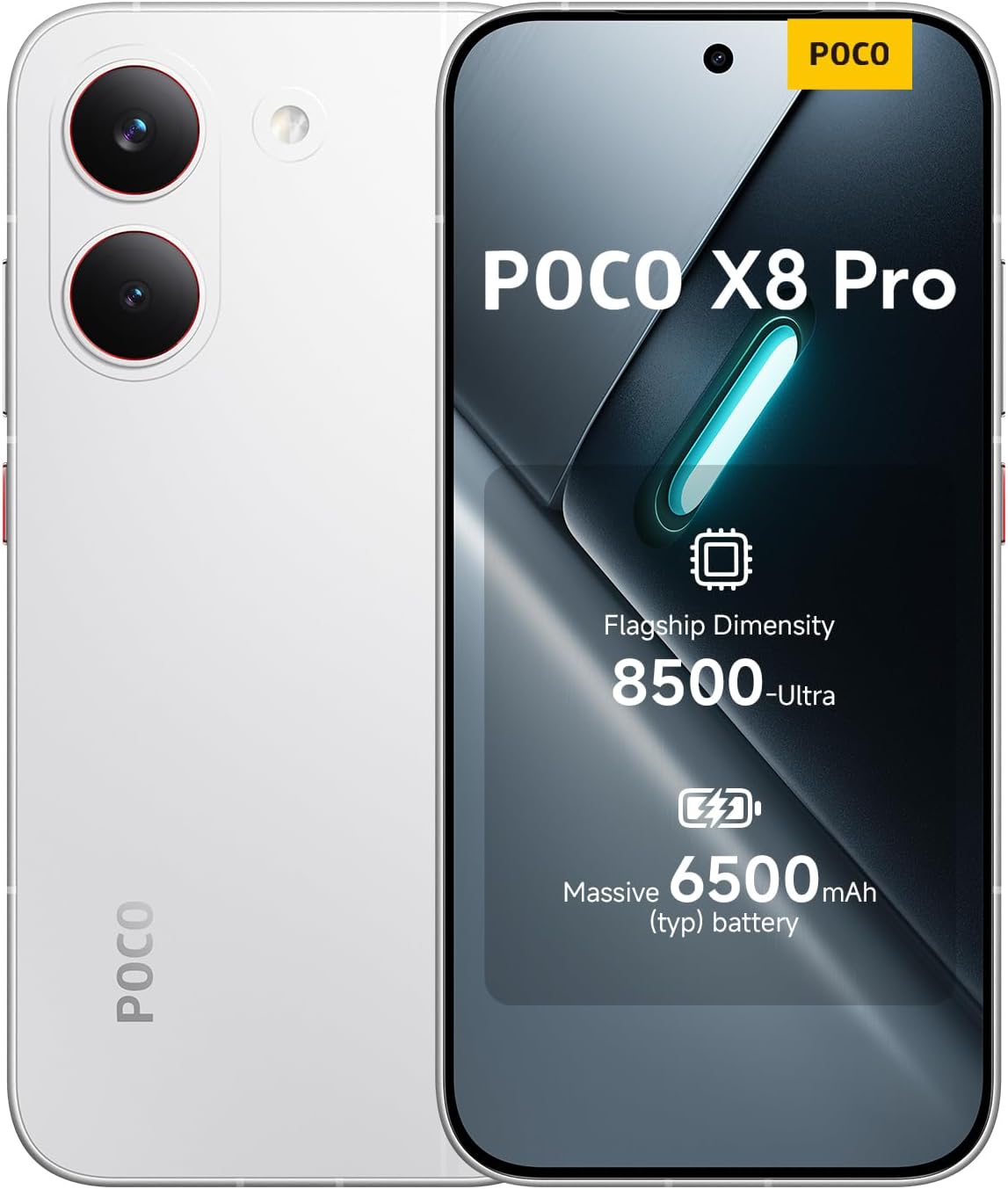 POCO X8 Pro, Smartphone 8256 GB, Flagship Dimensity 8500-Ultra, 6500mAh typ battery, ultra-bright AMOLED display, 50MP Sony IMX882 with OIS, White, Charger Not Included