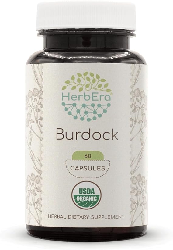 HerbEra Burdock USDA Organic 60 Capsules | Natural Herbal Supplement | Certified Organic Vegetarian Capsules and Organic Burdock (Arctium lappa) Dried Root (60 Capsules)