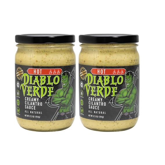 Diablo Verde Salsa, Award Winning, Creamy Cilantro Sauce, Hot Heat Level, (2-pack) 12.5 oz bottle, Made with Cilantro, Garlic, Lime, Jalapeno Peppers, Vegetarian, Preservative-free, Soy-free, Egg-free, Multi-Jar Discount Available