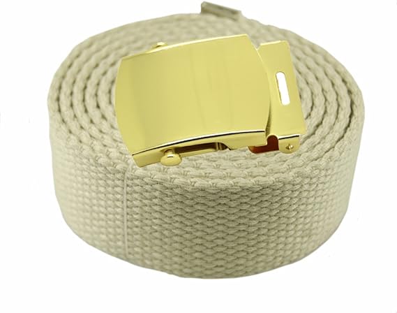 Plain Canvas Military Web"Beige" Belt & Gold Buckle & Tip (54 inches, Beige)