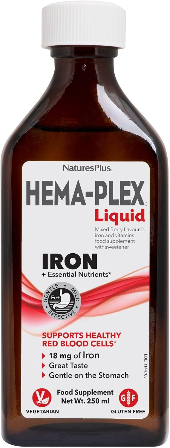 NaturesPlus Hema Plex Iron Liquid, Mixed Berry - 18 mg Elemental Iron Supplement for Total Blood Health - with Vitamin Bs, C & Bioflavonoids - Vegetarian, Gluten Free - 250 ml