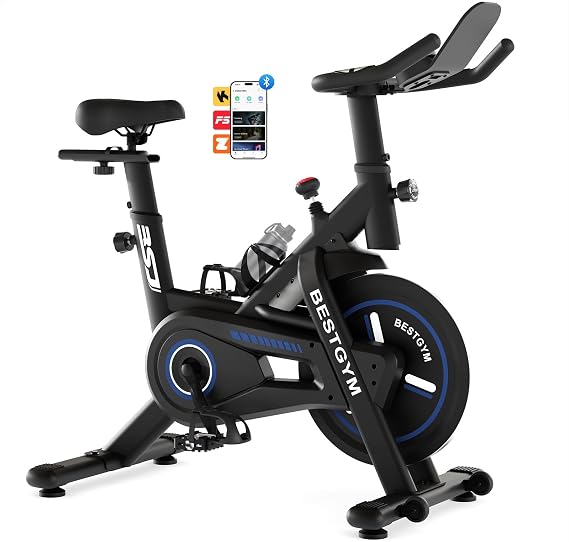 Exercise Bike, Brake Pad/Magnetic Stationary Bike with App, Low Noise Indoor Cycling Bike with 330lbs Weight Capacity, Adjustable Seat, Tablet Holder, Water Bottle Holder for Home Fitness and Weight Loss