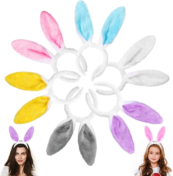 YUJUN 6PCS Plush Bunny Ears Headband, Easter Multi-Color Cute Rabbits Ears Hairbands for Easter Kids Game and Easter Party Favors