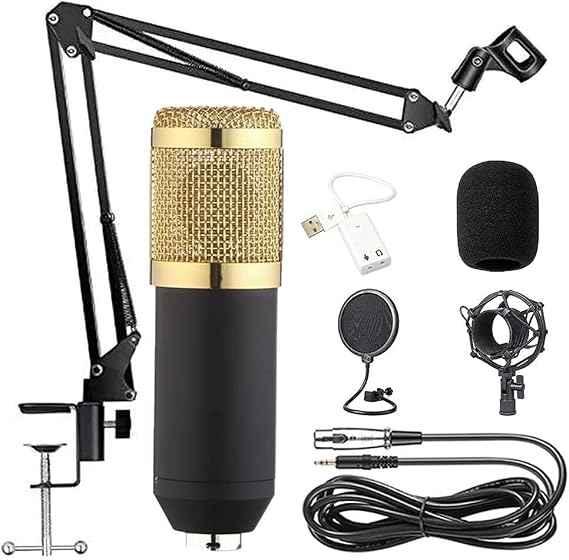 BM-800 Condenser Microphone Kit with Adjustable Suspension Scissor Arm Stand, Shock Mount, Pop Filter, Sound Card, for Gaming, Podcast, Studio Recording