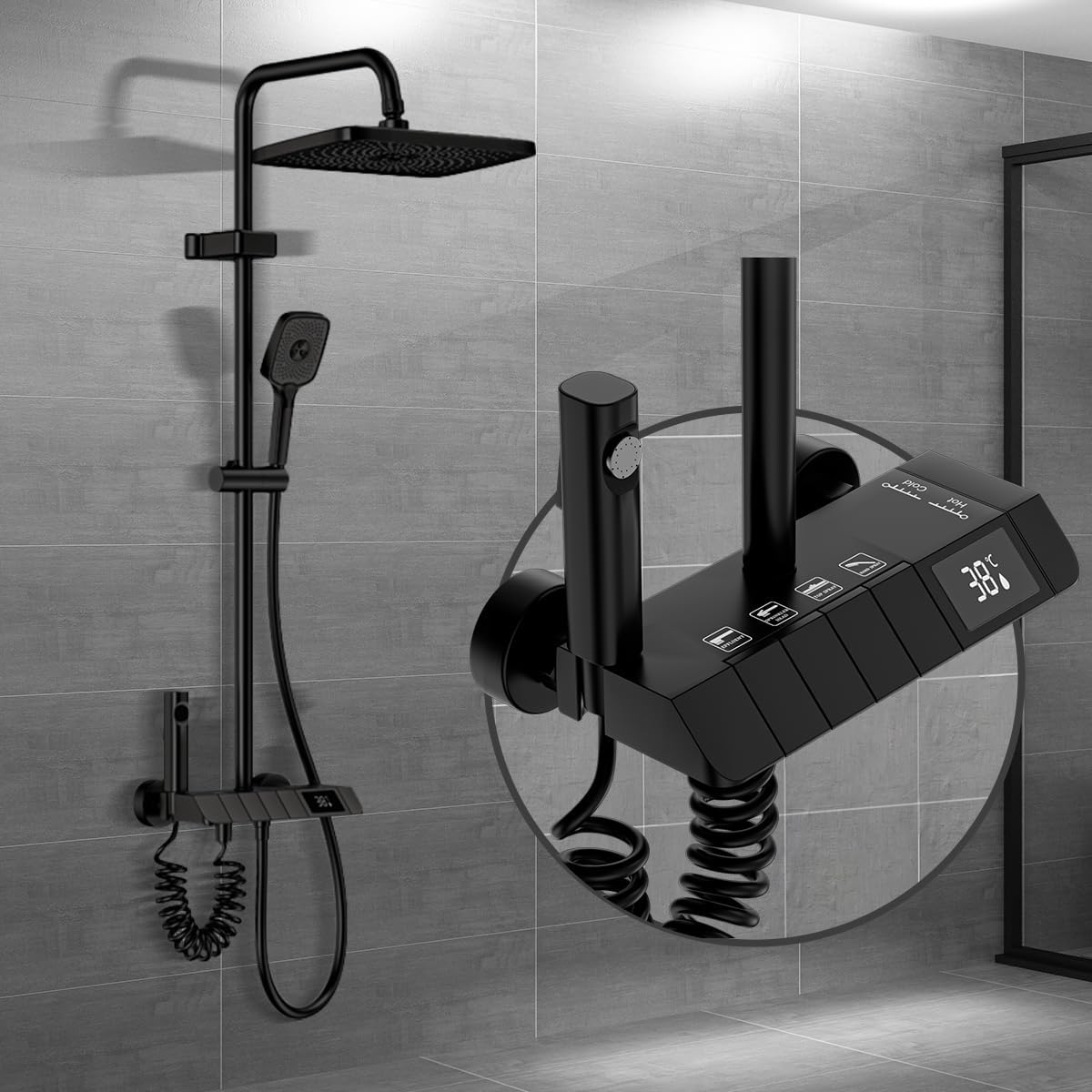 YJYAJIE Shower set with fitting piano key design 31 x 20 cm rain shower digital LED display height adjustable multifunctional for comfort in the bathroom