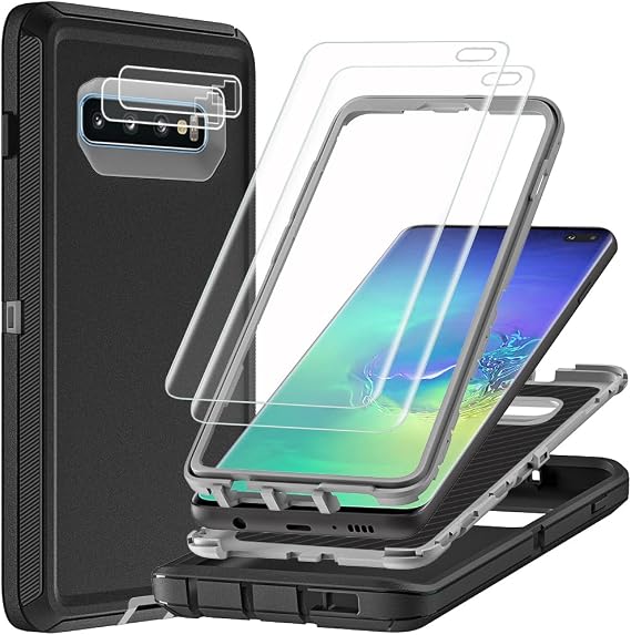 for Samsung Galaxy S10 Plus Case with 2Pcs Self Healing Flexible TPU Screen Protector & Camera Lens Protector, 3 in 1 Heavy Duty Shockproof/Drop Proof/Dust Proof Case (Black/Grey)