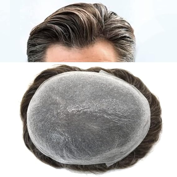 Hair Toupee for Men 100% European Human All V-loop Craft 0.03-0.06mm Ultra Thin Skin Hair Replacement Systems Mens Toupee Protesis Capilar Para Hombre8x10#330 3# DARK BROWN+30% GRAY-100% density