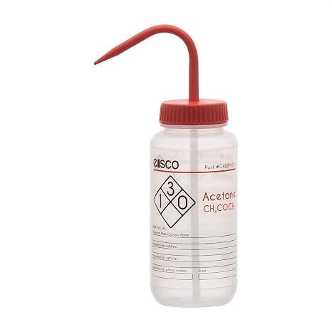 EISCO Wash Bottle for Acetone, 500ml - Labeled with Color Coded Chemical & Safety Information (2 Color) - Wide Mouth, Self Venting, Low Density Polyethylene Labs