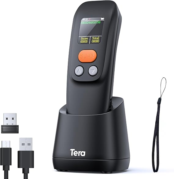 Tera 2D Barcode Scanner Wireless Portable: BT 2.4G USB 1.4" Screen, 1600 | 3 Buttons for Easy Screen Setup, 1200mAh, Charging Cradle, 640*480 CMOS Global, 1D 2D QR Codes, Retail School Library, Orange