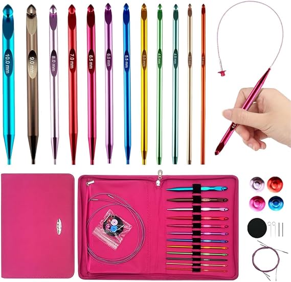 Yarniss Tunisian Crochet Hooks Set,Long Aluminum Crochet Hooks 3mm-10mm | Interchangeable Crochet Needles with Cord