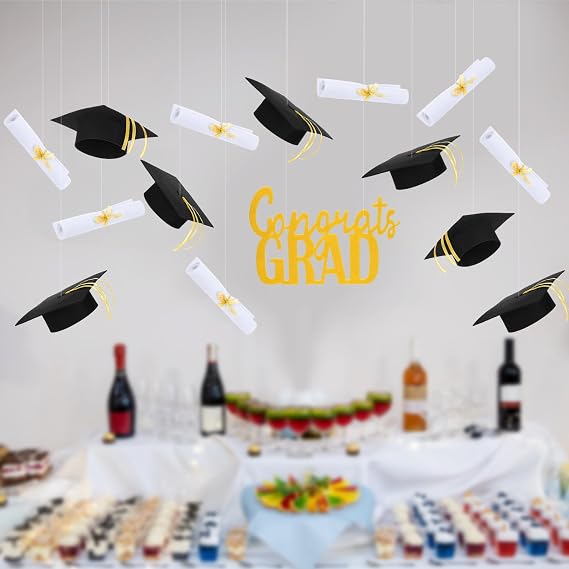 Lunmon 15 Pcs 2026 Graduation Caps Hanging Decoration, Floating Grad Hats Class of 2026 Black and Gold Tassel High School College Grad Indoor Outdoor Yard Congrats Party Supplies Favors