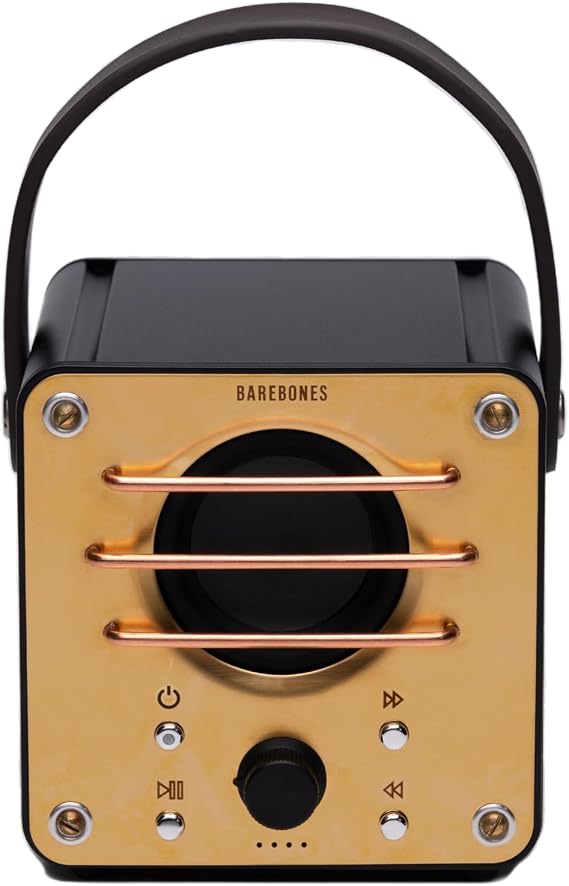 Barebones Block Tower Speaker Vintage Brass & Copper Wireless Bluetooth Speaker with 20+ Hour Battery Life, Leather Strap for Portability Ideal for Outdoor Adventures and Home Use
