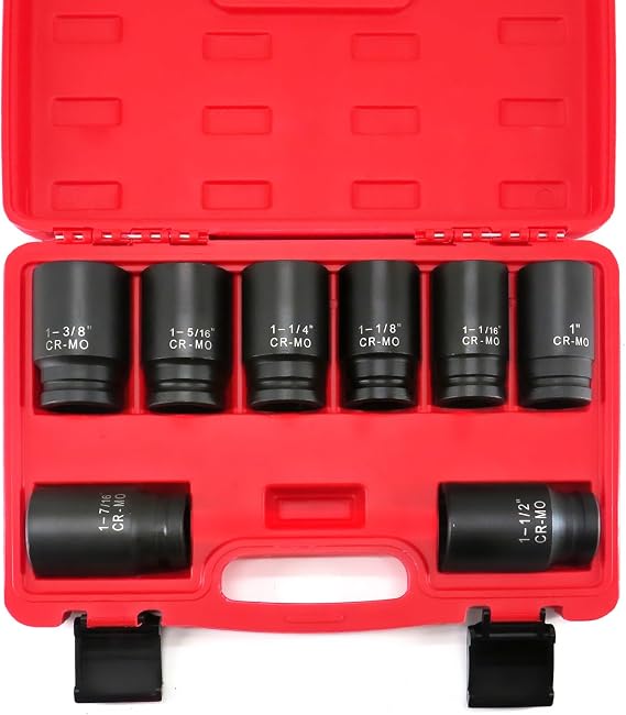 TONYNOL 3/4" Drive Deep Impact Socket Set,6-Point,SAE (1"-1-1/2"),8 Pcs | Cr-Mo.Heavy Duty Impact Socket Set,With a Storage Case.