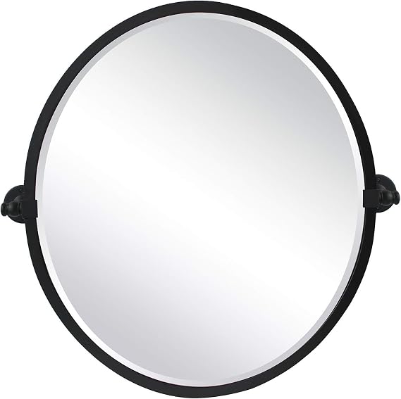 TEHOME Black Metal Framed Pivot Oval Bathroom Mirror Tilting Beveled Vanity Mirrors for Wall, Overall 27.03 x 26 inches (Mirrror 23 x 26 inches)
