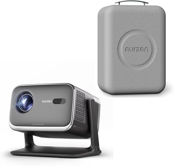 Aurzen BOOM mini Google TV Movie Projector with WiFi and Bluetooth, Voice Control, 20W Dolby Audio, Real-Time Focus, Smart Portable Outdoor Projector Bundle with EPP Carrying Case, Black