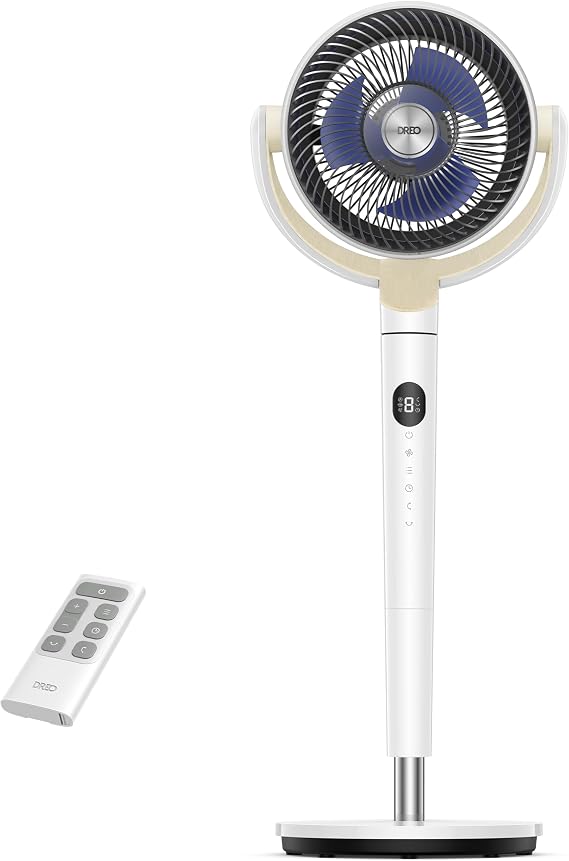 DREO Fan for Bedroom, 120Omni-directional Oscillating Standing Fan, 90ft, DC Motor, 20 dB Quiet Pedestal Fans, 8 Speeds, Remote Control, 35-40" Adjustable Height, 8H Timer