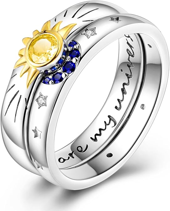 Hapour Selestial Sun and Moon Ring Set, Sterling Silver Moon Jewelry Stackable Celestial Rings, Friendship Promise Ring, Gift for Her Women, Ring Size 6-9