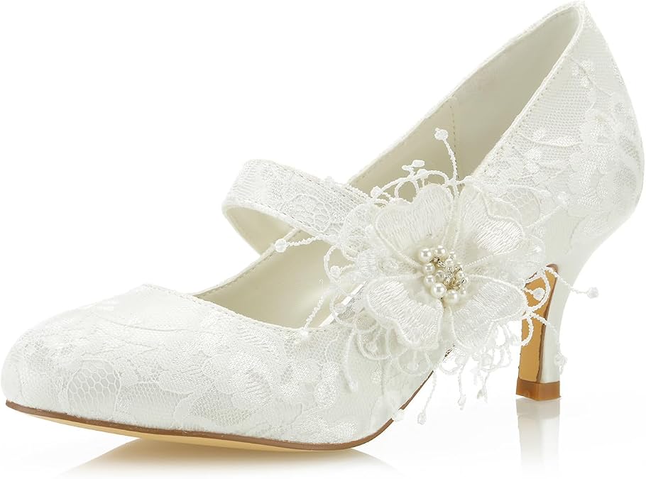 JIAJIA 586449B Women's Bridal Shoes Closed Toe 2.5" Stiletto Heel Lace Satin Pumps Satin Flower Imitation Wedding Shoes