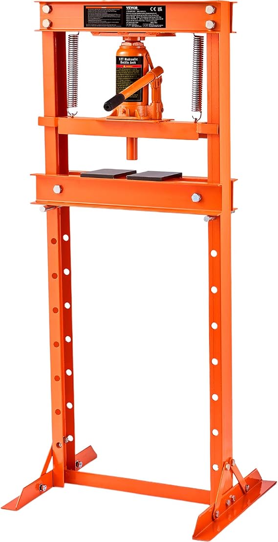 VEVOR Hydraulic Shop Press, 12 Ton/26000lbs, H-Frame, 4-Hold Adjustable Height, with Movable Plates, for Garage or Professional Users, Orange | Heavy-Duty Steel, with Movable Plates for Bending, Straightening, and Stamping, 1.6" to 27.8" Adjustable Height, Orange